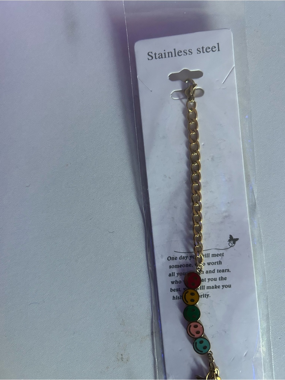 Gold Stainless Steel Chain Bracelet with Colorful Smiley Charms